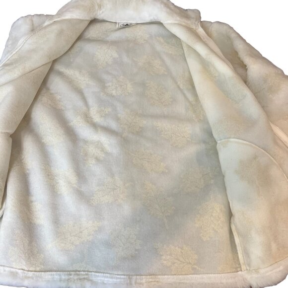 Fuzzy Sherpa Jacket Cream & Beige Leaf Pattern Cozy Full Zip Warm Coat - Picture 6 of 12